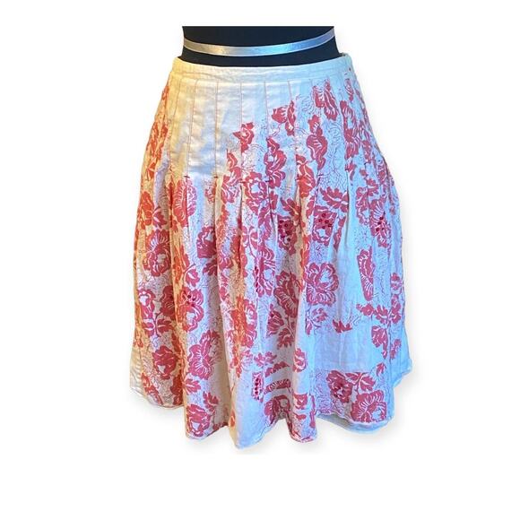 Free People Cream and Red Floral Pleated Skirt Sequin Accents Women's Size 4 - Picture 1 of 7